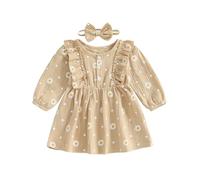 Geagodelia Toddler Baby Girl Princess Dress Little Girls Daisy Print A-Line Skirt Long Sleeve Tiered Puffy Hem Pageant Baptism Wedding Evening Birthday Party Dress with Headband (Khaki, 9-12 Months)