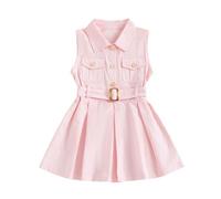 Geagodelia Toddler Baby Girl Princess Dress with Belt Little Girls Solid Color Lapel Sleeveless Skirt with Pocket Tiered Layered A-Line Dresses for Baptism Wedding Birthday Party (Pink, 12-18 Months)