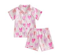 Geagodelia Toddler Baby Girl Satin Pajamas Outfits Short Sleeve Lapel Neck Bow/Floral/Fruit Print Shirts Tops with Elastic Shorts Sets Sleepwear Loungewear for Little Girls (Rose Plus, 9-10 Years)