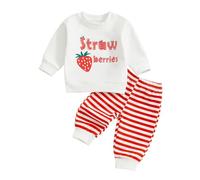 Geagodelia Toddler Baby Girl Spring Fall Outfit Clothes Strawberry Letter Sweatshirt Pullover Top Striped Pants Trouser Clothing Set (White, 12-18 Months)