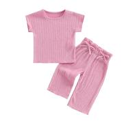 Geagodelia Toddler Baby Girl Spring Summer Outfits Short Sleeve Solid Color T-Shirt Sweatshirt Top Shirts with Elastic Waist Bowknot Pants Sets 2Pcs Clothes for Little Girls (Pink, 12-18 Months)