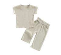 Geagodelia Toddler Baby Girl Spring Summer Outfits Short Sleeve Solid Color T-Shirt Sweatshirt Top Shirts with Elastic Waist Bowknot Pants Sets 2Pcs Clothes for Little Girls (Beige, 3-4 Years)
