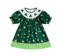 Geagodelia Toddler Baby Girl St.Patricks Outfits Little Kids Lucky Clover Charm Dress Smocked Dresses Summer Shamrock Clothes (Green, 18-24 Months)