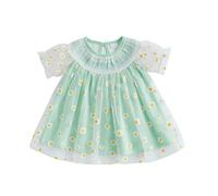 Geagodelia Toddler Baby Girl Summer Princess Dress Little Girls Daisy Print Tulle Skirt Short Sleeve A-Line Tiered Puffy Hem Pageant Baptism Wedding Evening Birthday Party Dress (Green, 12-18 Months)