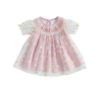 Geagodelia Toddler Baby Girl Summer Princess Dress Little Girls Daisy Print Tulle Skirt Short Sleeve A-Line Tiered Puffy Hem Pageant Baptism Wedding Evening Birthday Party Dress (Pink, 18-24 Months)