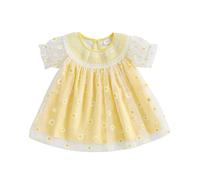 Geagodelia Toddler Baby Girl Summer Princess Dress Little Girls Daisy Print Tulle Skirt Short Sleeve A-Line Tiered Puffy Hem Pageant Baptism Wedding Evening Birthday Party Dress (Yellow, 3-6 Months)