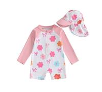 Geagodelia Toddler Baby Girl Swimsuit and Hat Zip Up Long Sleeve All in One Swimming Costume UV Sun Protection Swimwear One Piece Swimming Suit Rash Guard Sunsuit (Floral Bows Light Rose, 3-4 Years)