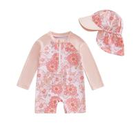 Geagodelia Toddler Baby Girl Swimsuit and Hat Zip Up Long Sleeve All in One Swimming Costume UV Sun Protection Swimwear One Piece Swimming Suit Rash Guard Sunsuit (Rose Floral Light Rose, 3-6 Months)