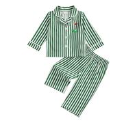 Geagodelia Toddler Boy Satin Pajamas Set Stripe Print Golf Embroidery Long Sleeve Lapel Neck Button-up Shirts Tops with Elastic Waist Pants Loungewear Sleepwear for Kids Boys (Green, 18-24 Months)