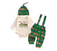 Geagodelia Toddler Boys First Halloween Outfits Long Sleeve Pumpkin/Ghost Print Romper Bodysuit Jumpsuit with Suspender Pants and Hat Sets 3Pcs Baby Boy 1st Halloween Clothes (Green, 3-6 Months)