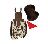 Geagodelia Toddler Boys Girls Tassel Sleeveless Overalls 3Pcs Cow Print Adjustable Romper Full Length Jumpsuit Suspender Bodysuits with Cowgirl Hat and Bandana Neck Scarf (Khaki, 12-18 Months)