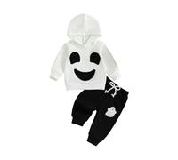 Geagodelia Toddler Boys Halloween Outfits Long Sleeve Ghost Embroidery Hoodie Sweatshirt Hooded Pullover with Long Pants Tracksuit Sets 2Pcs Baby Boy Halloween Clothes (White, 12-18 Months)