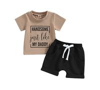 Geagodelia Toddler Boys Summer Clothes Set Short Sleeve Letter Print T-Shirt Top and Shorts My First Fathers Day Baby Outfit (Handsome Just Like My Daddy Light Brown, 12-18 Months)