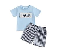 Geagodelia Toddler Boys Summer Clothes Set Short Sleeve Letter Print T-Shirt Top and Shorts My First Fathers Day Baby Outfit (Checkered I Love Dad Light Blue, 3-6 Months)