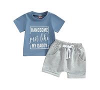 Geagodelia Toddler Boys Summer Clothes Set Short Sleeve Letter Print T-Shirt Top and Shorts My First Fathers Day Baby Outfit (Handsome Just Like My Daddy Light Blue, 0-6 Months)