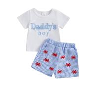 Geagodelia Toddler Boys Summer Clothes Set Short Sleeve Letter Print T-Shirt Top and Shorts My First Fathers Day Baby Outfit (Striped Crab Daddy's Boy White, 6-12 Months)