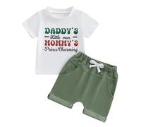 Geagodelia Toddler Boys Summer Clothes Set Short Sleeve Letter Print T-Shirt Top and Shorts My First Fathers Day Baby Outfit (Daddys Little Man Mommys Prince Charming White, 12-18 Months)