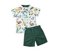 Geagodelia Toddler Boys Summer Outfits Short Sleeve Lapel Button T-shirts Shorts Set Little Kids 2pcs Cartoon Animal Print Clothes (Green, 12-18 Months)