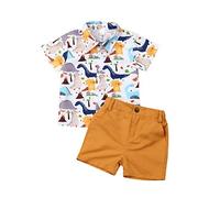 Geagodelia Toddler Boys Summer Outfits Short Sleeve Lapel Button T-shirts Shorts Set Little Kids 2pcs Cartoon Animal Print Clothes (Yellow, 2-3 Years)