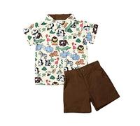 Geagodelia Toddler Boys Summer Outfits Short Sleeve Lapel Button T-shirts Shorts Set Little Kids 2pcs Cartoon Animal Print Clothes (Coffee, 18-24 Months)