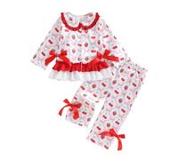 Geagodelia Toddler Girl Satin Pajamas Set Long Sleeve Lapel Neck Strawberry Bow Print Button-up Shirts Tops with Elastic Waist Pants Loungewear Sleepwear Outfits for Kids Girls (White, 2-3 Years)