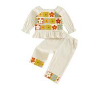 Geagodelia Toddler Girls Outfits 2-3 Years Crochet Flower Embroidery Long Sleeve Smocked Tops Shirts Pullover with Elastic Waist Pants Sets 2Pcs Baby Girl Clothing 18-24 Months (Khaki, 2-3 Years)