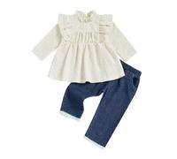 Geagodelia Toddler Girls Outfits 2-3 Years Long Sleeve Floral Plaid Print Pullover Tops Sweatshirt with Elastic Waist Denim Pants Jeans Cute Sets 2Pcs Girl Clothing 3-4 Years (Khaki, 12-18 Months)