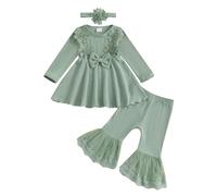 Geagodelia Toddler Girls Outfits 2-3 Years Long Sleeve Flower Embroidery Tops Ruffled Sweatshirt with Floral Lace Embroidery Flare Pants and Headband Sets 3Pcs Baby Girl Clothes (Green, 18-24 Months)
