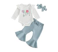 Geagodelia Toddler Girls Outfits Crochet Floral Embroidery Long Sleeve Romper Jumpsuit Ruffled Tops Bodysuit with Elastic Flared Pants and Bow Headband Sets 3Pcs Baby Girl Clothing (Blue, 3-6 Months)