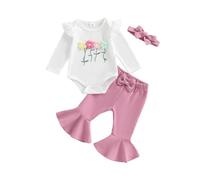 Geagodelia Toddler Girls Outfits Crochet Floral Embroidery Long Sleeve Romper Jumpsuit Ruffled Tops Bodysuit with Elastic Flared Pants and Bow Headband Sets 3Pcs Baby Girl Clothing (Pink, 3-6 Months)