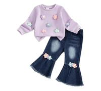 Geagodelia Toddler Girls Outfits Crochet Flower Embroidery Long Sleeve Waffled Sweatshirt Pullover Tops with Jeans Elastic Waist Denim Flare Pants Sets 2Pcs Baby Girl Clothing (Purple, 2-3 Years)