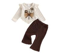 Geagodelia Toddler Girls Outfits Ruffled Long Sleeve Crochet Flower Embroidery Sweatshirt Pullover Tops with Elastic Waist Ribbed Flare Pants Sets 2Pcs Baby Girl Clothing (Khaki, 2-3 Years)
