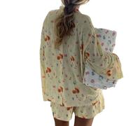 Geagodelia Women 2 Piece Pajama Set Fruit Print Lounge Matching Outfits Long Sleeve Button Down Shirt Shorts Set Sleepwear (Yellow, M)