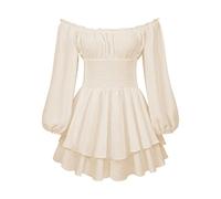 Geagodelia Women Puff Sleeve Off The Shoulder Flowy Romper Dress with Ruffles - Boho Mini A Line Beach Summer Frills Pirate Dress (102002#Beige, S)