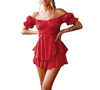 Geagodelia Women Puff Sleeve Off The Shoulder Flowy Romper Dress with Shorts Boho Mini Dress Ruffled A Line Beach Summer Frills Pirate Dress Ladies Sexy Dresses for Going Out (102003#Red, M)