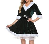 Geagodelia Women's Christmas Dress Christmas Costume Mrs Santa Claus Outfit Ladies Sexy Xmas Fancy Dress with Hood and Belt Cosplay Suit (Green, S)