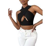 Geagodelia Women's Crisscross Crop Top Y2k Fashion Sexy Corset Top Cross Wrap Tiktok Halterneck Top Aesthetic Sport Summer - Black - Medium