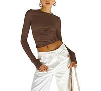 Geagodelia Women's Crop Tops Long Sleeve Skin Tight Fitting Crew Neck T-Shirt Stretch Slim Fit Basic Y2K Aesthetic Clothes Going Out Tops (B 01- Thumb Hole Brown, M)