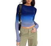 Geagodelia Womens Crop Tops Long Sleeve Skin Tight Fitting Crew Neck T-Shirt Stretch Slim Fit Basic Tops Y2K Aesthetic Clothes Going Out Tops (A 01- Gradient Navy Purple, L)