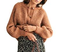 Geagodelia Women's Cropped Cardigan Long Sleeve Chunky Jumper Sweater Ladies Cable Knitted Jacket Button Down Crochet Top Streetwear Autumn Winter (Khaki, XL)