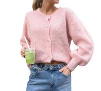 Geagodelia Women's Cropped Cardigan Long Sleeve Sweater Jumper Ladies Knitted Jacket Y2K Fashion Button Down Crochet Top Streetwear Autumn Spring (Pink, S)