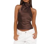 Geagodelia Women's Halter Neck Vest Top Summer Sexy Backless Cami Tank Top Ladies High Neck Camisole Crop Top Y2K Aesthetic Clothes Going Out Tops Outfit UK (Brown, S)