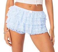 Geagodelia Women's Lace Ruffle Shorts Layered Frilly Blommer Shorts Low Rise Y2K Mini Shorts Cute Lolita Fancy Dress Blommers Hot Pants Shorts for Teen Girls Going Out (Small Floral Light Blue, L)