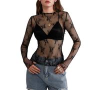 Geagodelia Womens Long Sleeve Sheer Mesh Top Floral Patterned Mock Neck See Through Layering Tees Shirts Sexy Y2K Top with Thumb Holes (Black, M)