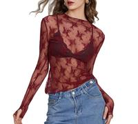 Geagodelia Womens Long Sleeve Sheer Mesh Top Floral Patterned Mock Neck See Through Layering Tees Shirts Sexy Y2K Top (Burgundy, S)