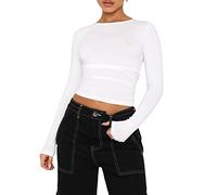 Geagodelia Women's Long Sleeve T-Shirt Ladies Sexy Crop Top Y2K Fashion Aesthetic Clothes Going Out Outfit Skims Dupe Club Party Streetwear Spring Summer (B - White, M)