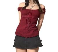 Geagodelia Womens Ruffle Y2K Top Puff Short Sleeve Square Neck Blouse T-Shirt Summer Fairy Grunge Aesthetic Vintage 90s Fashion Milkmaid Crop Top (D 01- Red, S)