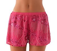 Geagodelia Women's Sequin Summer Shorts Ladies Elegant Elastic Floral Mini Shorts Casual Sexy Sparkly Hot Pants Y2k Aesthetic Clothes Streetwear Clubwear UK (A - Rosa, L)