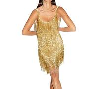 Geagodelia Women's Sequin Tassel Mini Dress Ladies Sexy Backless Short Fringe Flapper Dresses Party Club Festival Sparkly Glitter Dress Y2k Aesthetic Clothes Rave Outfit (Gold, XL)