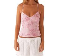 Geagodelia Women's Sexy Halter Neck Vest Top Summer Floral Backless Sequin Cami Tank Top Ladies Camisole Crop Top Y2K Aesthetic Clothes Going Out Tops Outfit UK (A - Pink, S)
